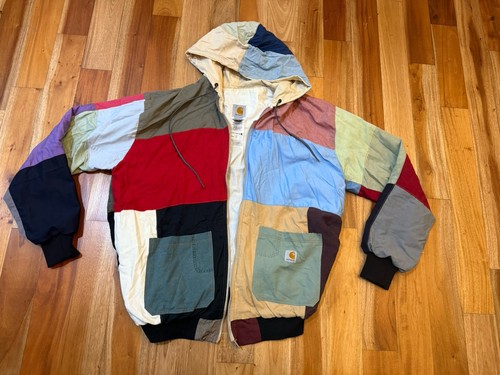 VINTAGE Y2K CARHARTT MASSGESCHNEIDERT HERREN XL PATCHWORK KAPUZE FARBE JACKE DEFEKT REISSVERSCHLUSS