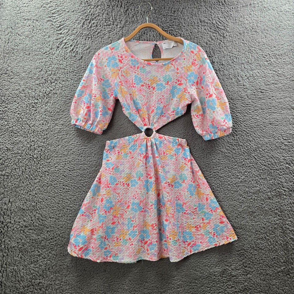 Asos Womens A-line Dress Size 6 White Blue Pink Floral Textured Stretch Knit