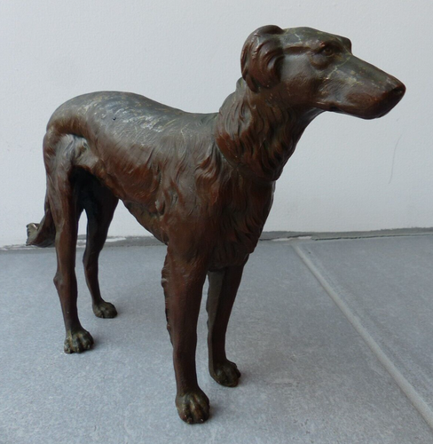 Antique Bronzed Spelter Long Haired Lurcher Type Dog Fine Detailing Well Cast