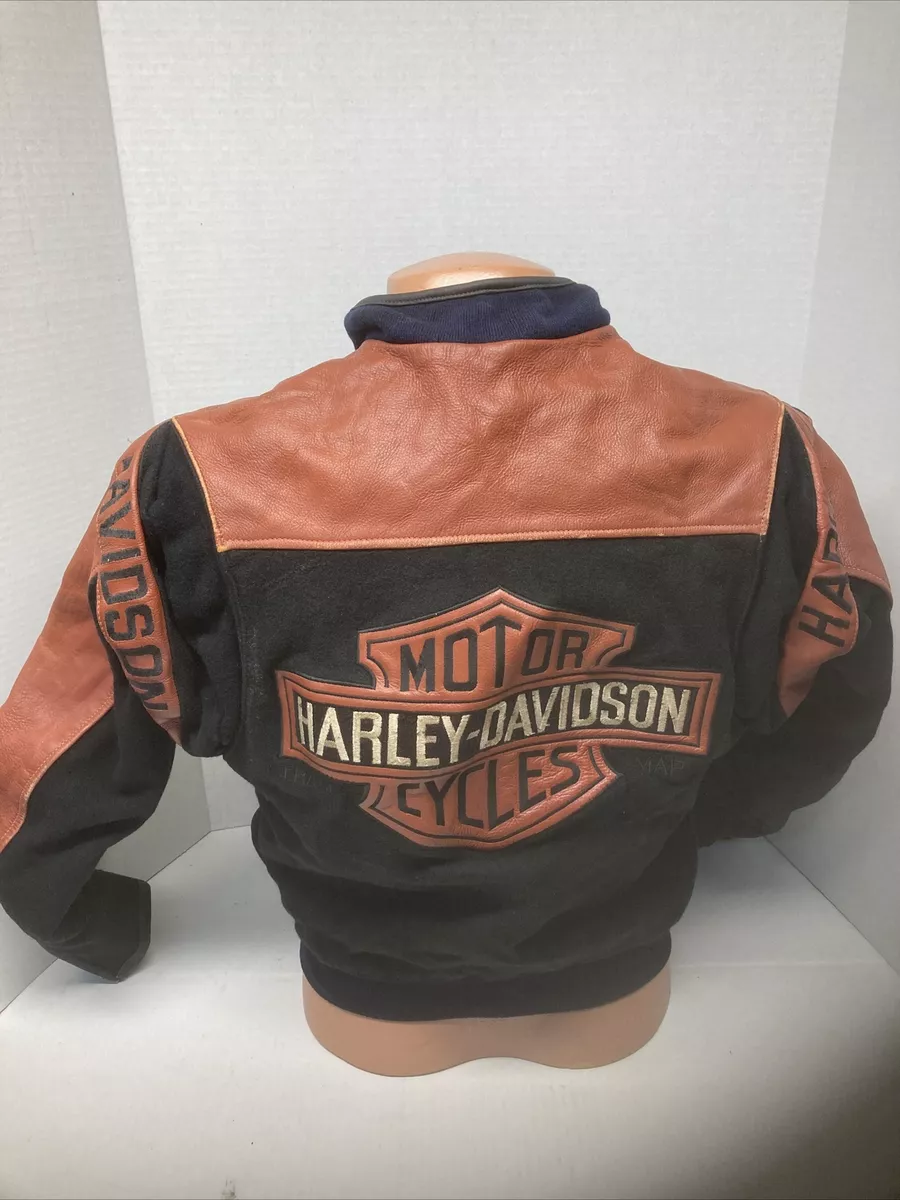 VINTAGE HARLEY DAVIDSON MOTORCYCLE JACKET WOOL & LEATHER ORANGE / BLACK SMALL