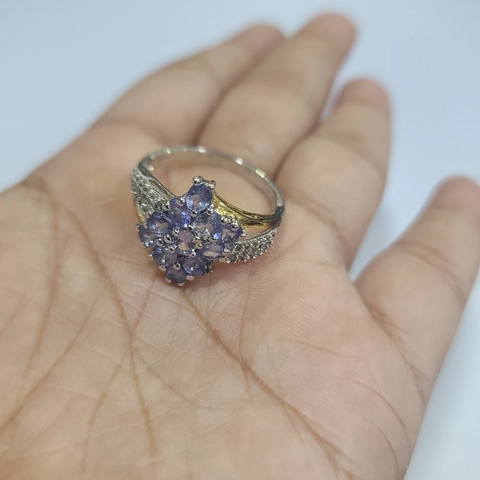 Joias usadas anel aglomerado HSN dois tons roxo esterlina tanzanita e CZ - Imagem 3 de 4