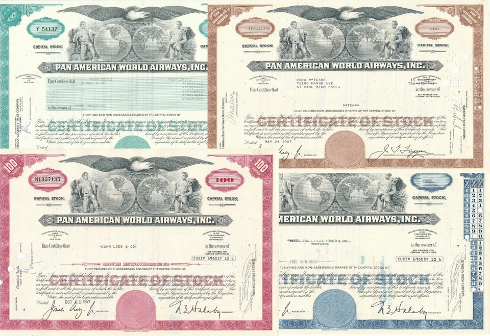4 x Aktien USA Pan American World Airways Inc. (blau,rot, türkis, braun) - Bild 1 von 1