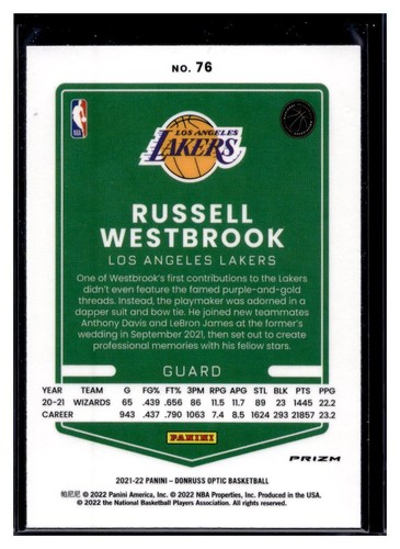 2021-22 Panini Donruss Optic Silver Wave Prizm #76 Russell Westbrook (Qty) - Picture 2 of 2