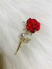 Red Flower Rose Crystal Faux Pearl Brooch Pin Costume Wedding Jewelry Gift New