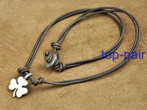Cool Brown Surfer Leather Beach Choker Necklace Lucky Clover Pendant Mens