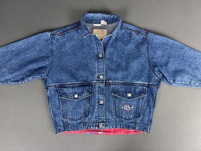 Vintage Brittania Cropped Jeansjacke Duck Club Stickerei rot kariert Duck-Print