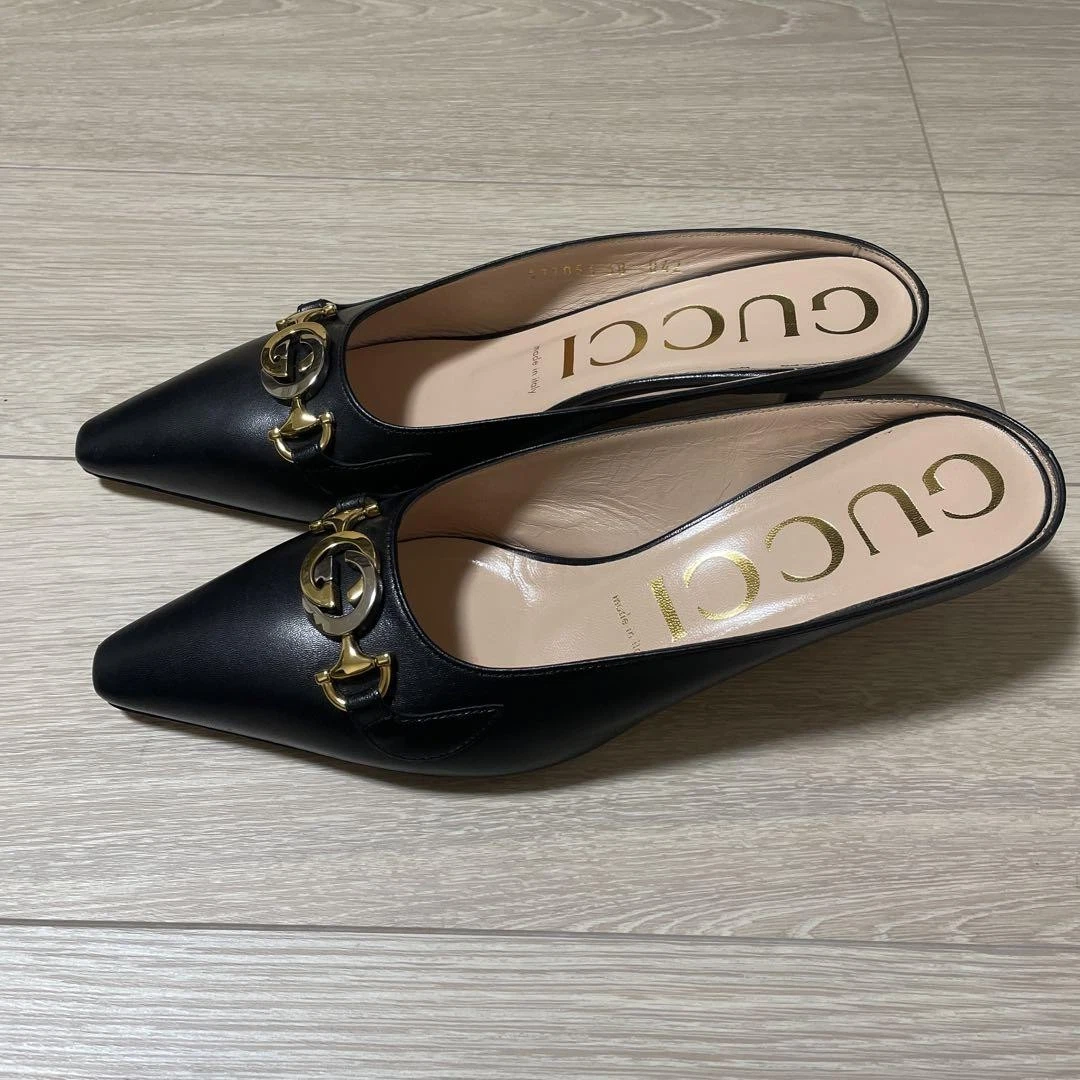 Gucci Authentique Sandales Mule Chaussures Talon Noir Or Femme Taille 38 US8 Sans Boîte