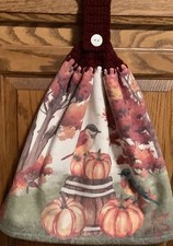Double hanging kitchen towel birds pumpkin crocheted burgundy top
