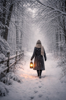 Winterwald Laterne Spaziergang Schneeweg Poster Druck gerahmte Leinwand Wandbild