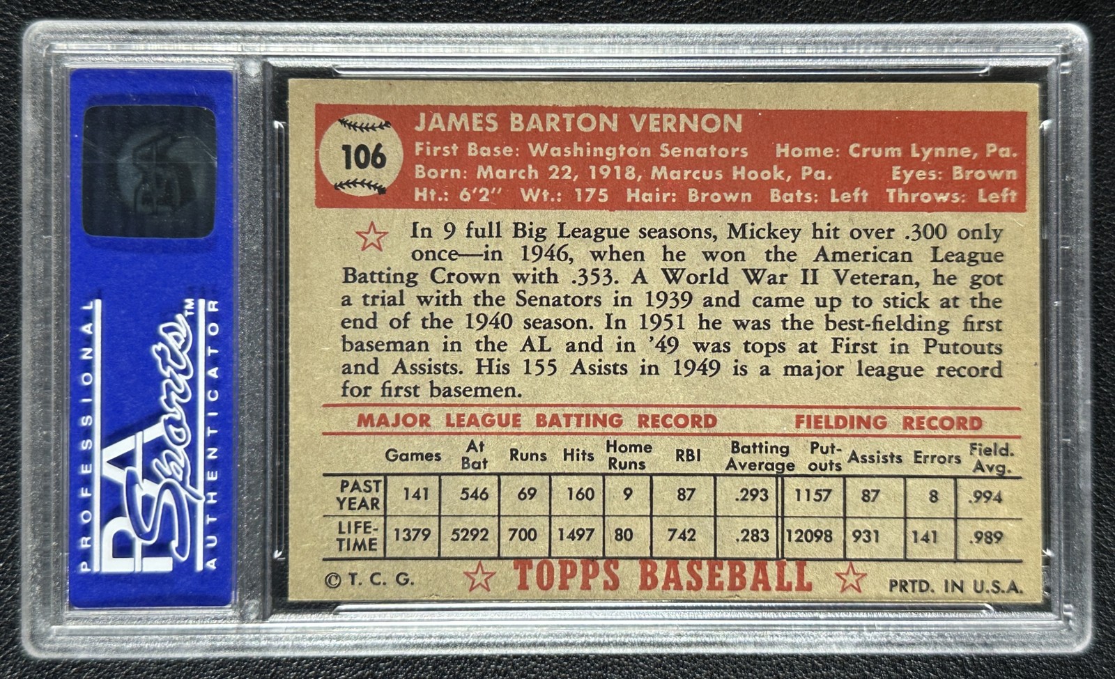 MICKEY VERNON PSA 7 1952 TOPPS #106 SENATORS 9514 view 2