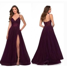 La Femme 29076 V-Neck Boned Bodice High Slit Illusion Tulle Ball Gown Size 00