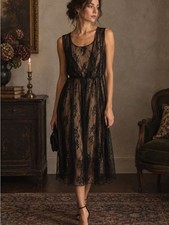 Classic Black Lace Overlay Dress XL Midid Gothic Whimsigoth Victorian Witchy