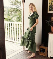 Doen Olive Dress Green Martha's Garden Floral Silk Maxi Size XS