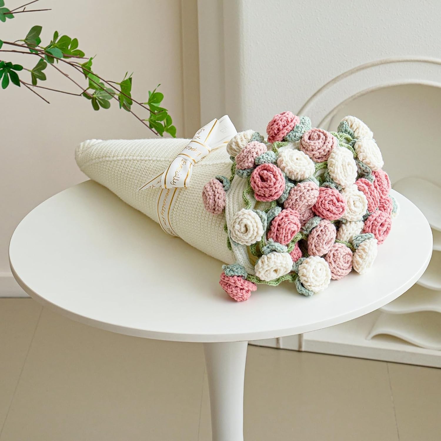 , Handmade Knitted Blanket With Rose Flowers