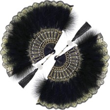 2 Pieces Feather Hand Fan Embroidered Flower Marabou 1920s Black