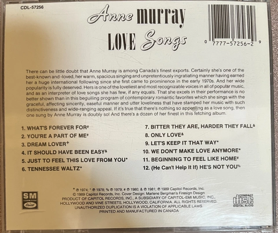 ANNE MURRAY - Love Songs CD 1989 Capitol - Image 2 of 2