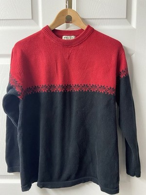 Eddie Bauer Fair Isle Sweater Mens Medium Red Black Cotton Pullover Skiing Hike