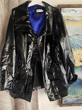 Jane Post Black Patent Shiny Boxy Rain Coat Jacket Zip Button Size Large