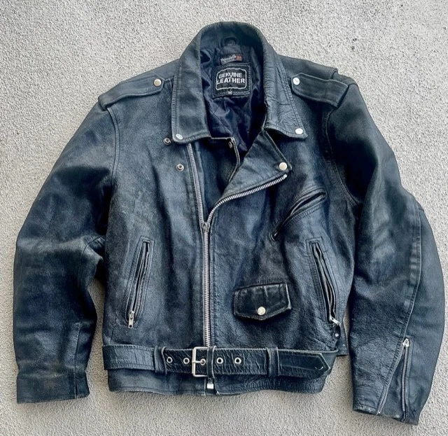 Vintage Black Destroyed 1980s Motorcycle Jacket Genuine Leather Men's 46 Biker