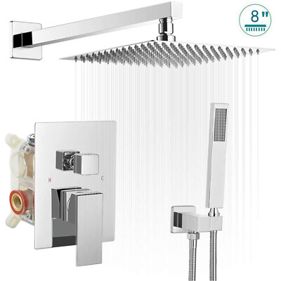 Wall Mounted 8 inch Round Chrome Rain Shower Faucet Set W/ Rainfall Shower Head