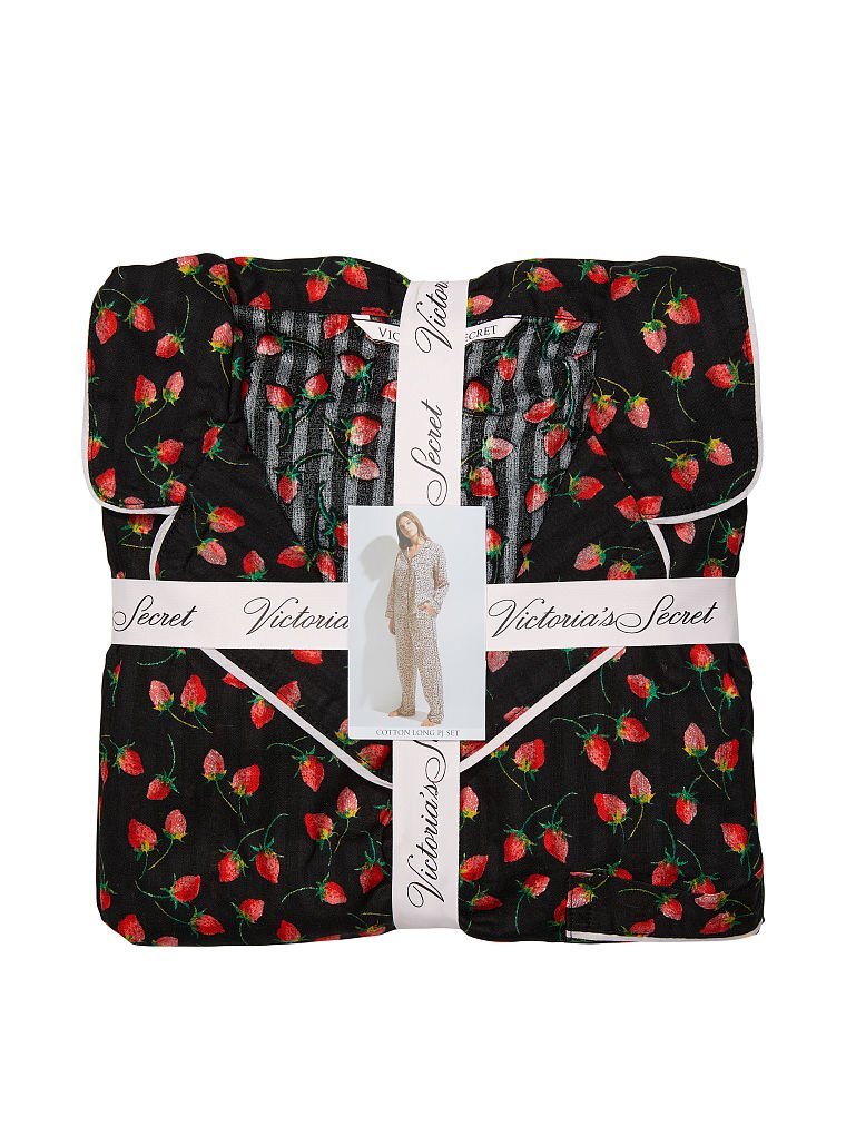 VICTORIA'S SECRET 100% Cotton Long PJ Set Black Strawberries