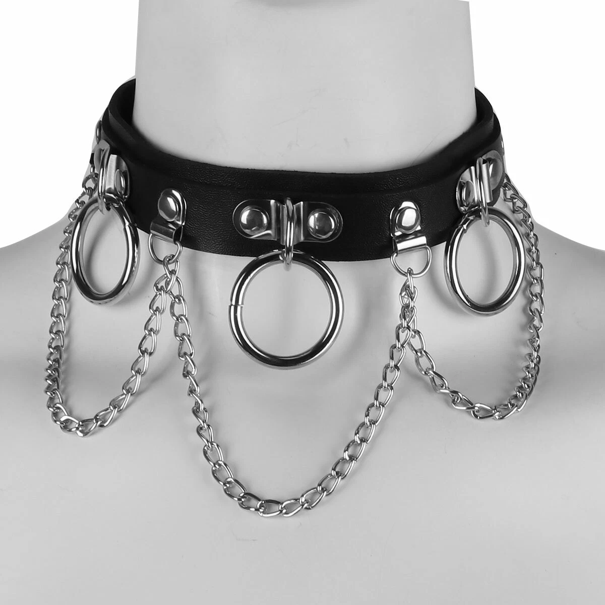 PU Leather+Metal Sexy Choker Punk Gothic Collar Chain Belt Necklace Round  Ring