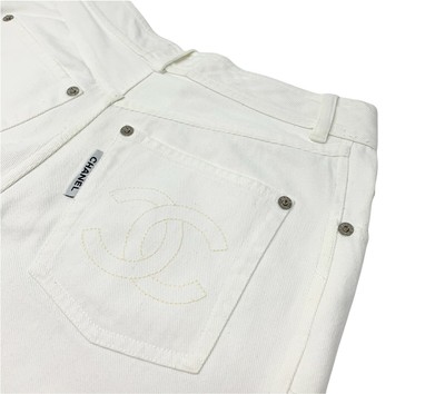 CHANEL Vintage Coco Mark Pants Bottoms Logo CC White Beige Cotton 