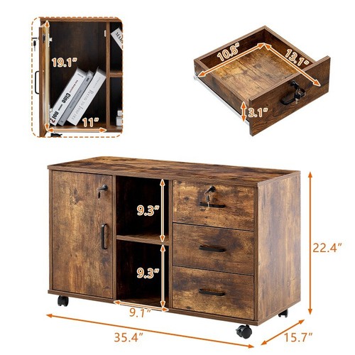 Brown Wood Filing Cabinet Office Cabinet Orgnizer File Storage Shelf with Lock - Picture 5 of 15