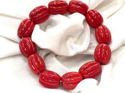 RED CORAL BARREL MELON CARVED 12X15 MM SMOOTH GEMSTONE BEADS 7''INCH 1 BRACELET