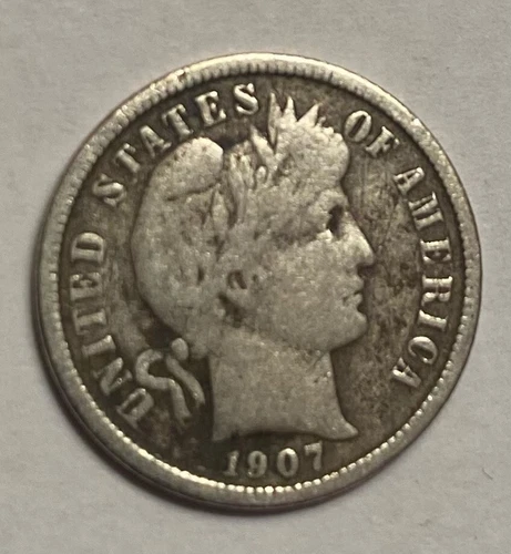 1907 p barber dime, 90% silver, nice coin