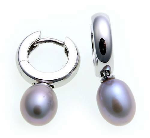 Pendientes Gota con Aro Blanco Oro 375 Perlas Gris 9kt Plegable Creoles - Imagen 2 de 2