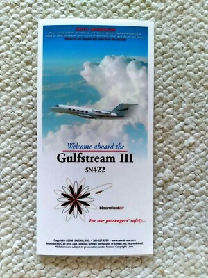Gulfstream III SN422 Laminated Safety Information Card 2008, Brand New Condition