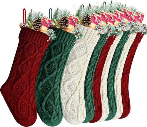 Christmas Stockings Bulk, Large 18 Inches Burgundy, Ivory and Green Cable Knit S