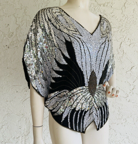 SHOWMAX Vintage Sequin Top 100% Silk Black Silver Art to Wear One Size - Picture 4 of 10