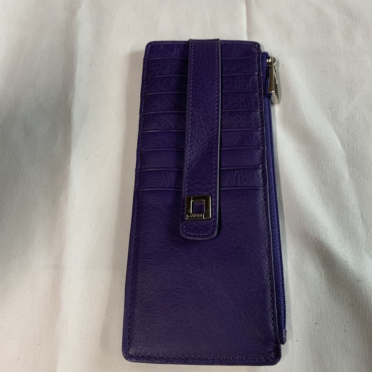 LODIS Purple Leather Credit Card Wallet With Zipper Pocket Slim