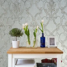 Embossed floral Victorian damask Silver Gray Bronze metallic wallpaper damask 3D
