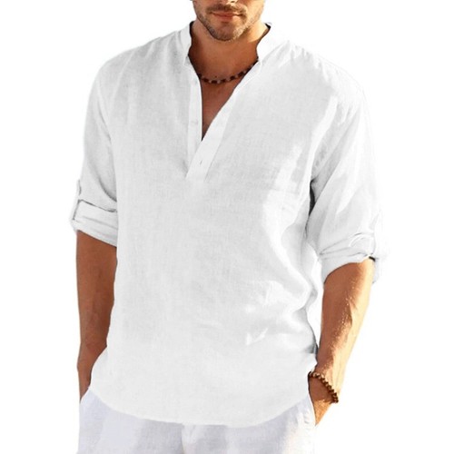T-shirt a maniche lunghe in lino da uomo nuova tinta unita camicia casual traspi - Foto 50 di 67