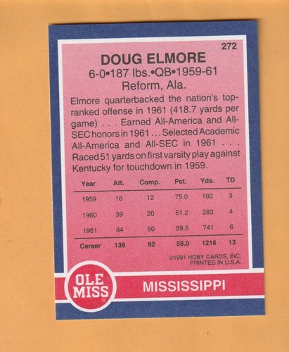 Doug Elmore Mississippi Rebels 1991 Hobby SEC Stars #272 Reform Alabama 6F - Imagen 2 de 2