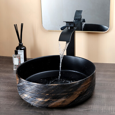 Ceramic Vessel Sink Round Washing Bowl Deck Mounted Waterfall Mixer Faucet Drain