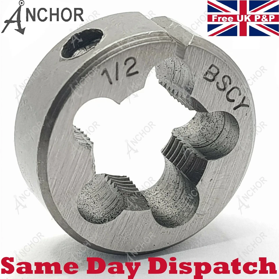 Anchor BSCY Die 1/2" x 26 TPI Round Split Die 1” OD British Cycle Thread 1/2