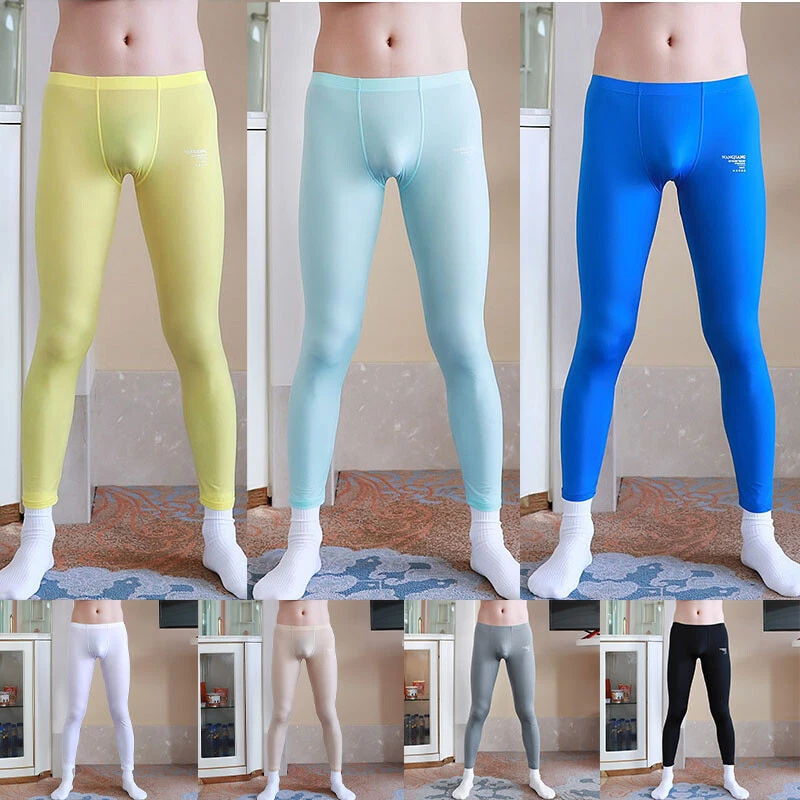 Sexy Mens Long Johns Sleep Bottoms Ice Silk Pants Cool Legging Ultra thin Lounge