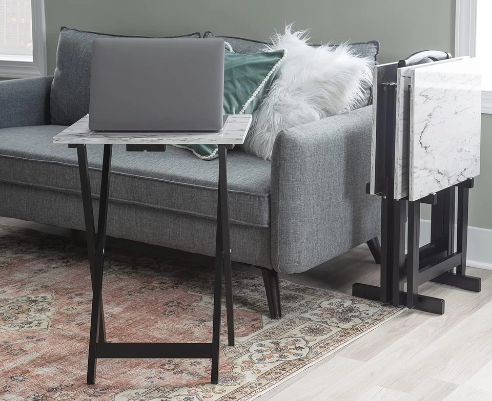 Nikki Tray Trey Table Set, White Faux Marble - Image 2 of 4