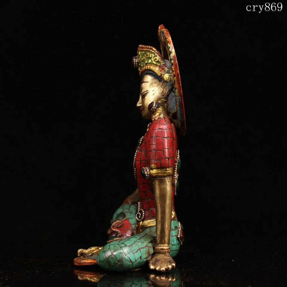 Antiguo Tíbet Cobre Puro Incrustaciones con Gemas Trazado Oro Verde Tara Estatua Foto 4 de 4