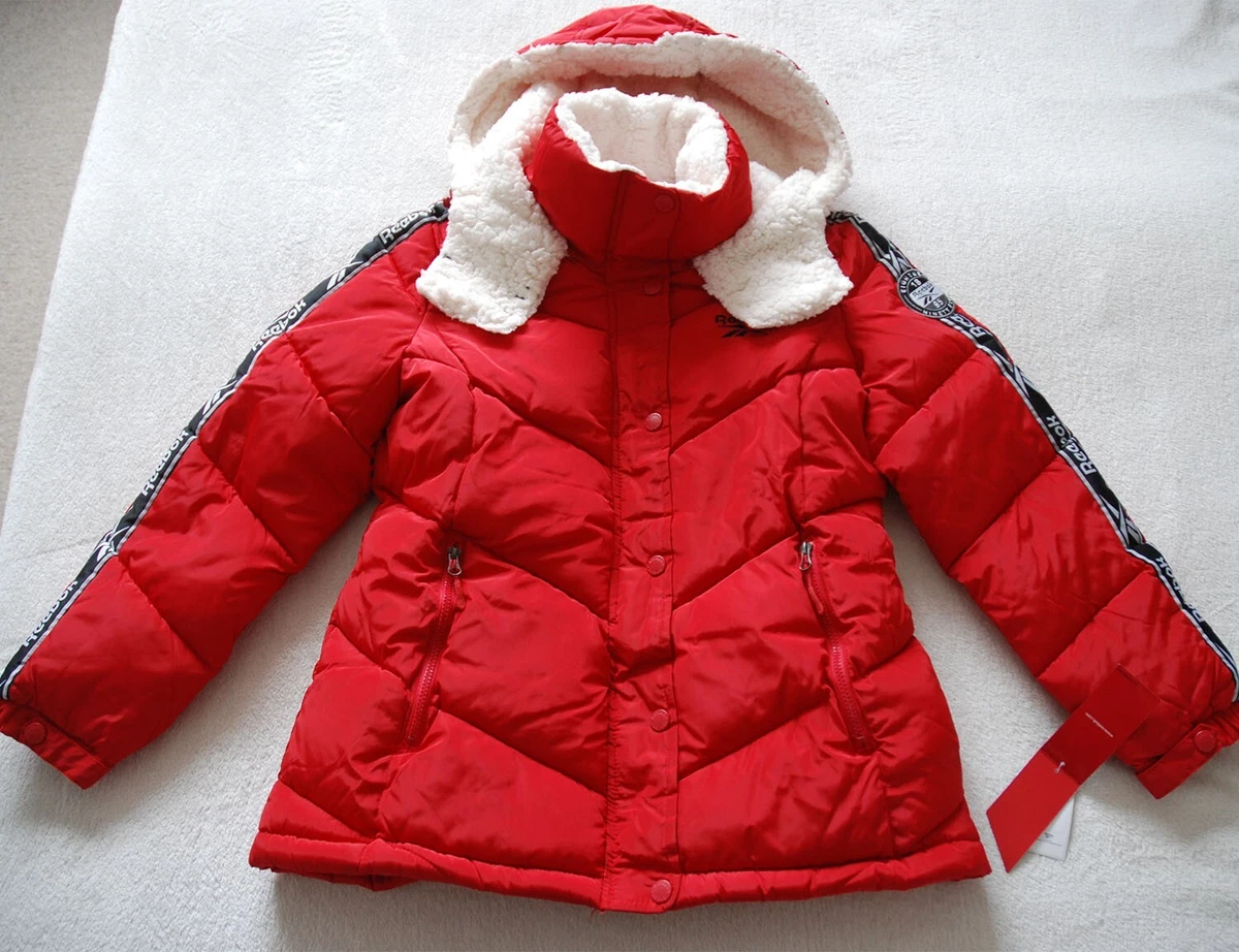 Reebok Women s Red Puffer Quilted Sports Tailored Jacket Sherpa Hood Logo Tape L