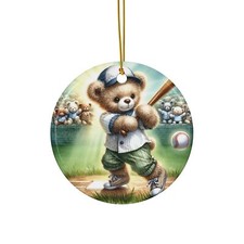 Watercolor Baseball Teddy Bear Ceramic Ornament