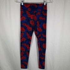 LulaRoe Leggings Women  s One Size Blue Red Rose Floral Print Pull On Stretchy