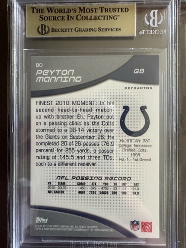 Peyton Manning 2011 Topps Finest /99 Blue Refractor SP HOF Colts BGS 9.5 - Picture 2 of 3