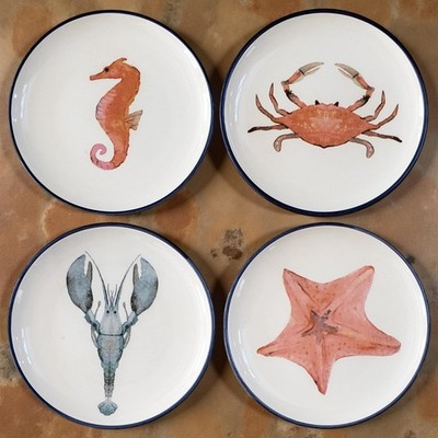 Pier 1 Sea Creatures Salad Plates Set of 4 Seahorse Lobster Crab & Starfish NEW