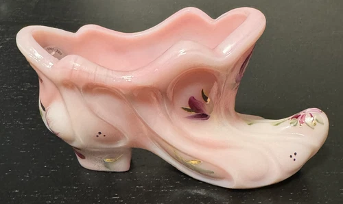 VTG FENTON GLASS HAND PAINTED SIGNED STAMPED PAISLEY SLIPPER ROSALENE RARE #7