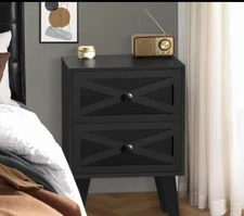 Nightstand, black end table with 2 drawers barn door decorated, mid ce